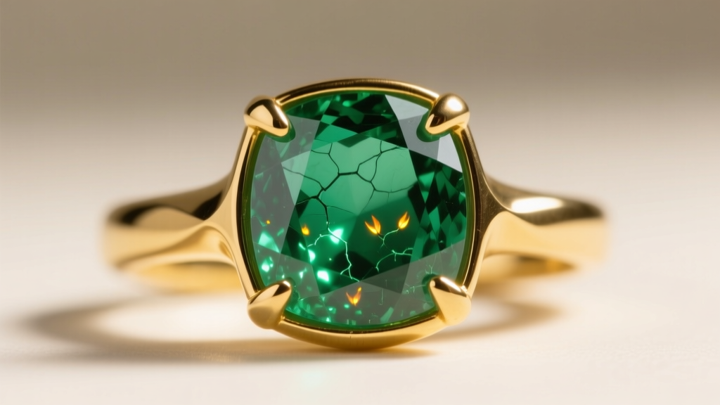 Close-up of an 18k yellow gold bezel setting securing a heavily included Colombian emerald, protecting its brittle corners.