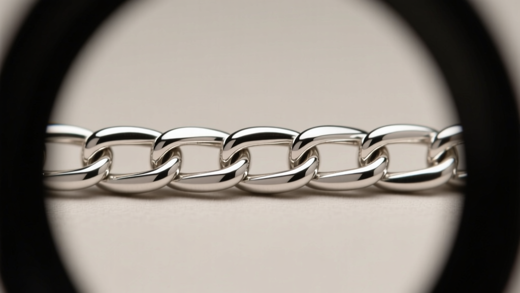 Close-up of a 1.2mm sterling silver box chain in a loupe, revealing precise geometric interlocking of the polished metal links.