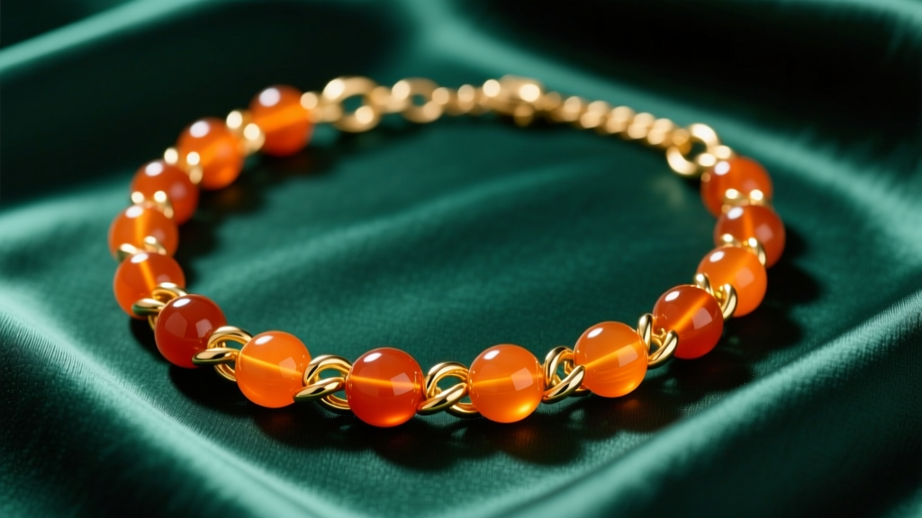 Top-down view of an orange statement necklace with polished carnelian beads and thick gold brass links on dark emerald silk.