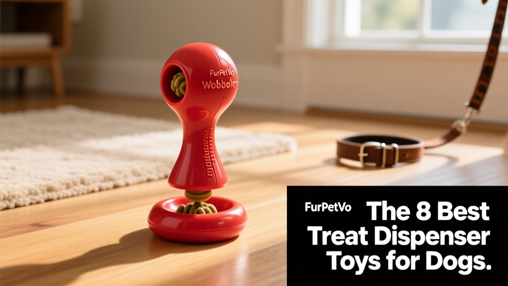 FurPetVo Wobbler toy in red, sitting upright on a hardwood floor