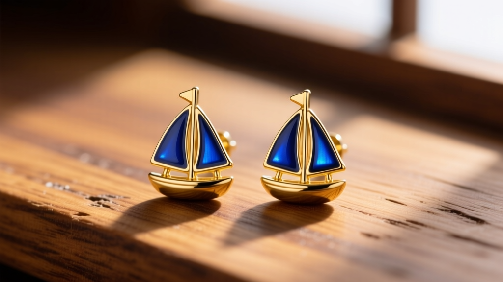Macro shot of 14k solid gold sailboat stud earrings with deep blue vitreous enamel sails resting on a weathered teak wood surface