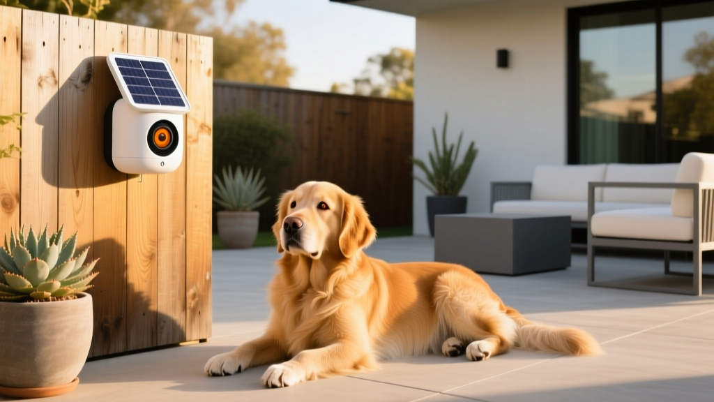 Modern patio setup with a sleek solar-powered pet camera mounted on a wooden fence, and a golden retriever resting nearby in the sunlight
