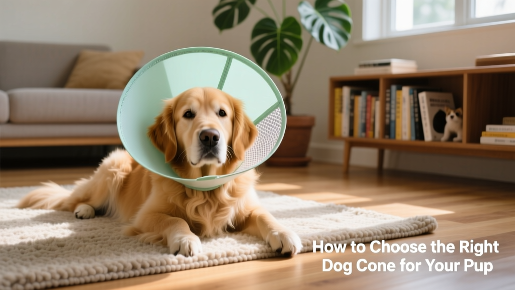 A golden retriever wearing a soft, padded recovery cone while resting calmly on a rug