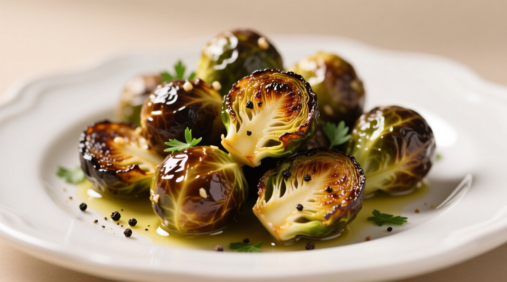 Golden roasted brussel sprouts with garlic on white plate