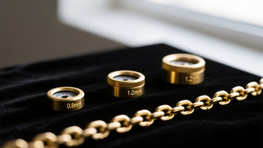 Macro shot of three gold chain gauges, 0.8mm, 1.0mm, and 1.2mm, on dark velvet showing thickness variations for camera wear.