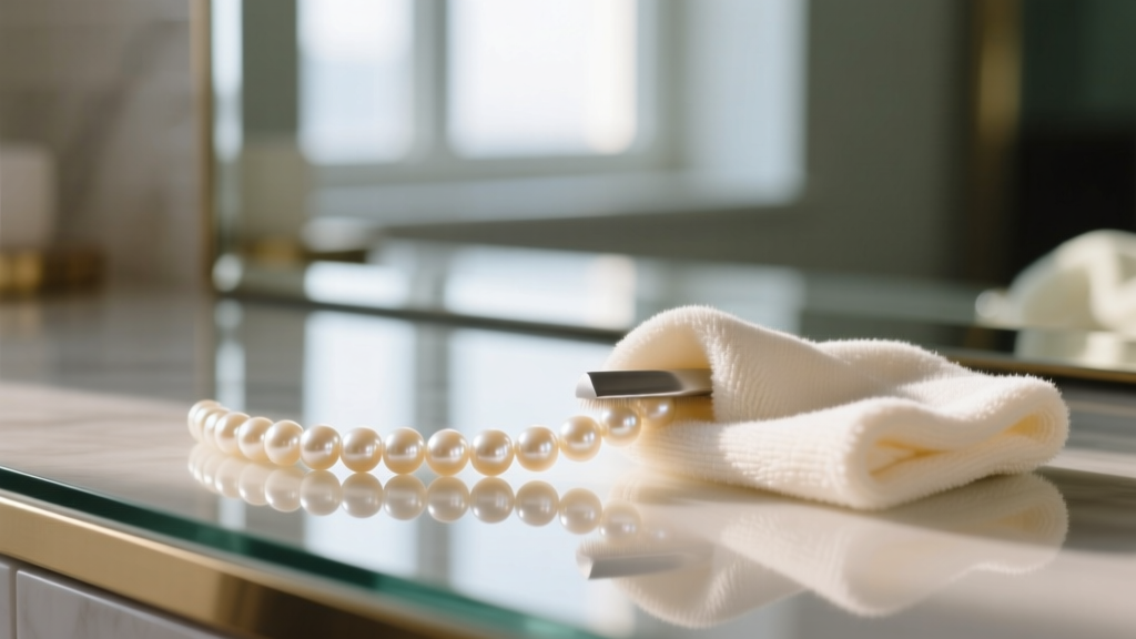 Close-up of a soft microfiber cloth gently polishing a strand of cream-colored freshwater pearls resting on a mirrored vanity
