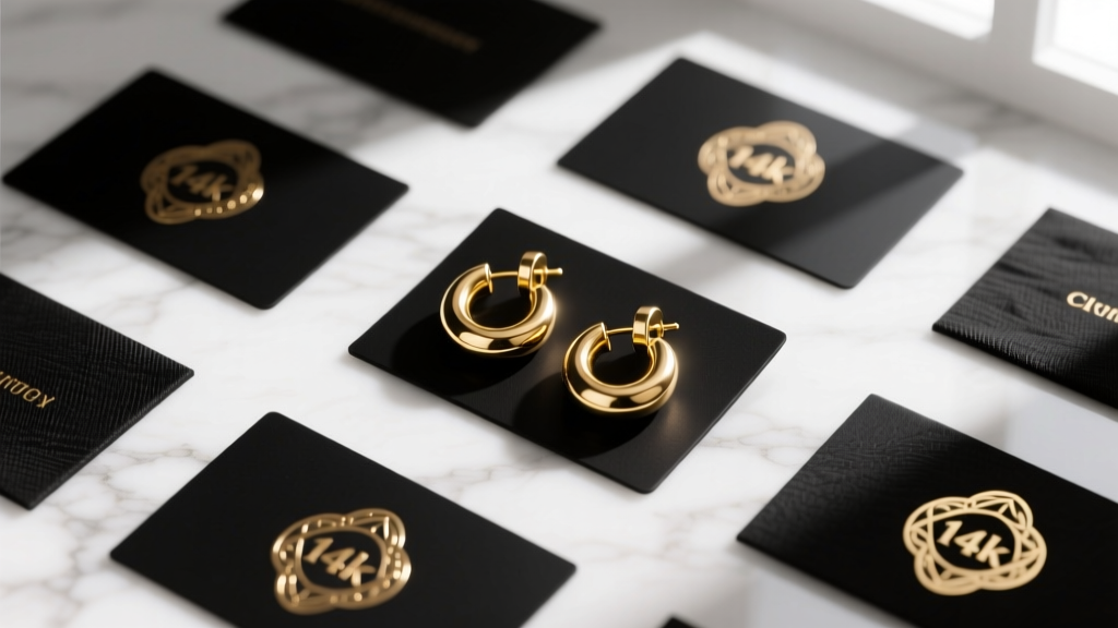 Overhead flat-lay of matte black earring cards with gold foil logos, holding 14k gold vermeil hoops on a marble surface