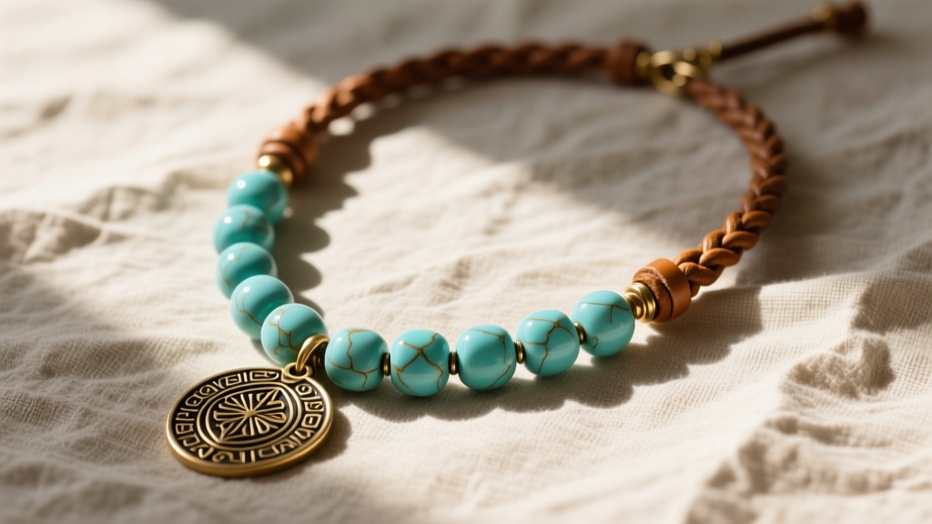 Flat lay of a boho necklace for women featuring natural turquoise beads, brass pendants, and braided leather cords on raw linen