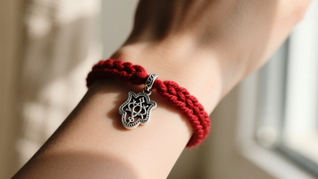 Crimson wool Kabbalah string bracelet with a 925 silver Hamsa charm, photographed on a wrist against a softly blurred background.