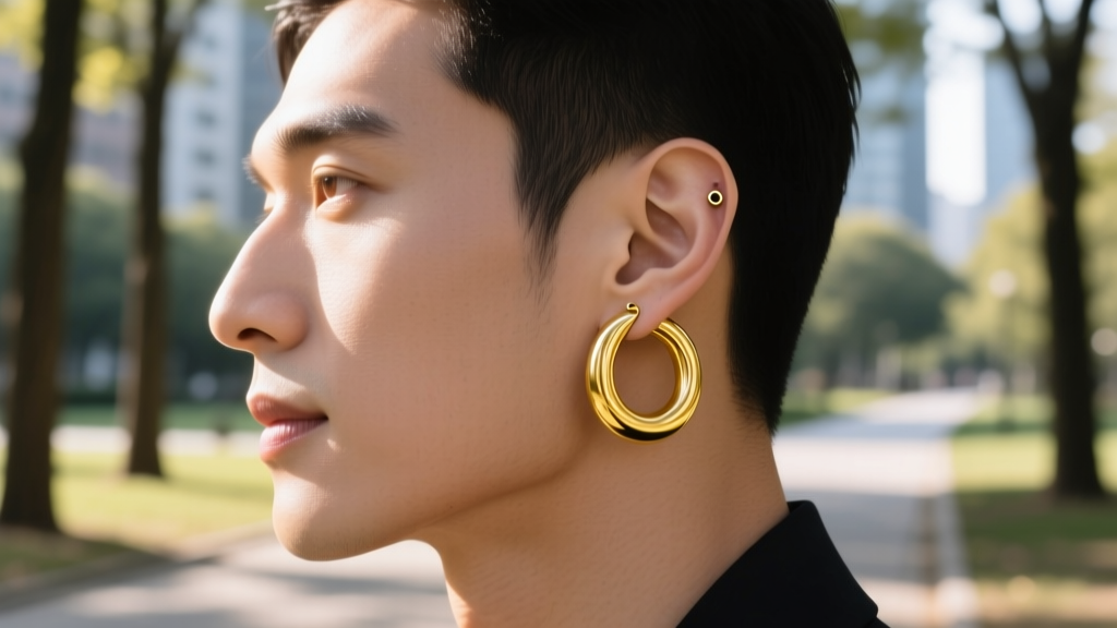 Side profile of a man wearing a seamless 14k yellow gold 8mm continuous hoop earring in a healed helix cartilage piercing outdoors
