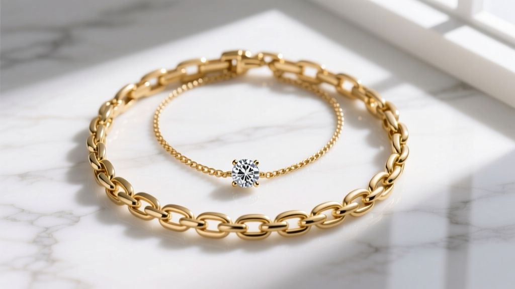 Flat lay of a 14k gold mariner link necklace layered with a delicate figaro chain and a small bezel-set diamond pendant on marble.