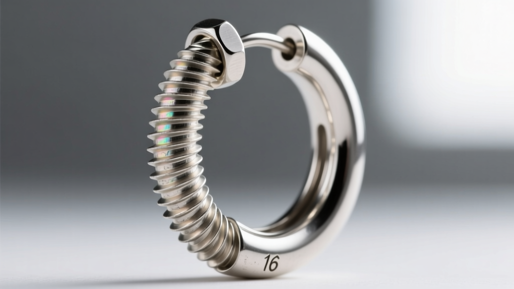 Extreme close-up of a heavy-duty threaded screw clasp mechanism on a thick 16-gauge Indian silver hoop earring.