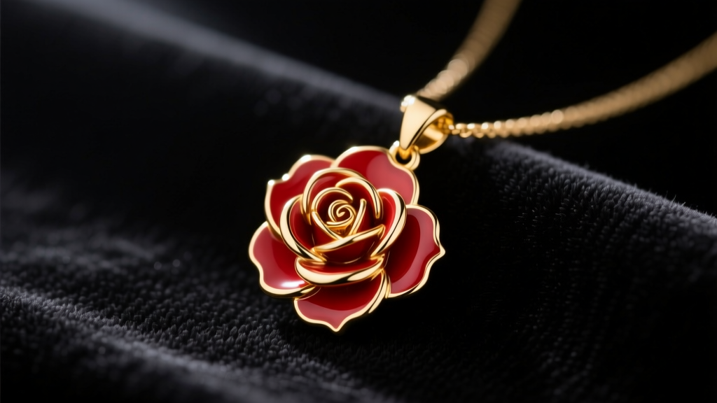 Gold vermeil Belle rose pendant on dark velvet, soft lighting highlighting vivid red enamel petals and polished gold details.