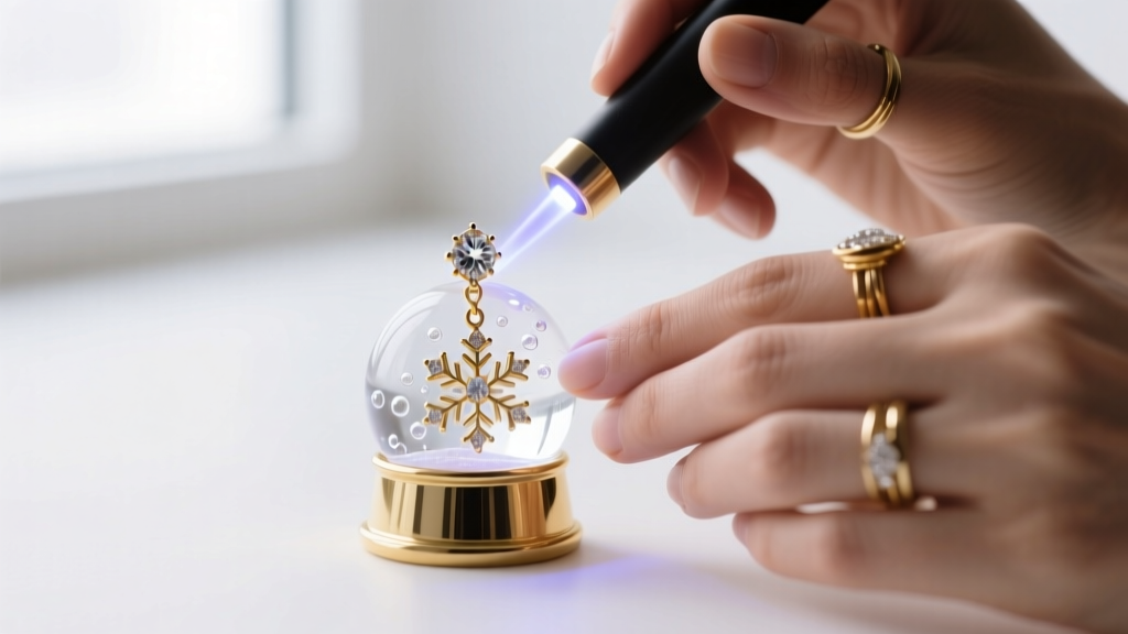 Close-up of a jeweler using a UV light wand to cure a clear resin patch on the base of a gold-plated snow globe earring