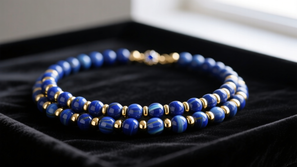 Close-up of a luxurious three strand beaded necklace featuring polished lapis lazuli and gold spacer beads resting on dark velvet.