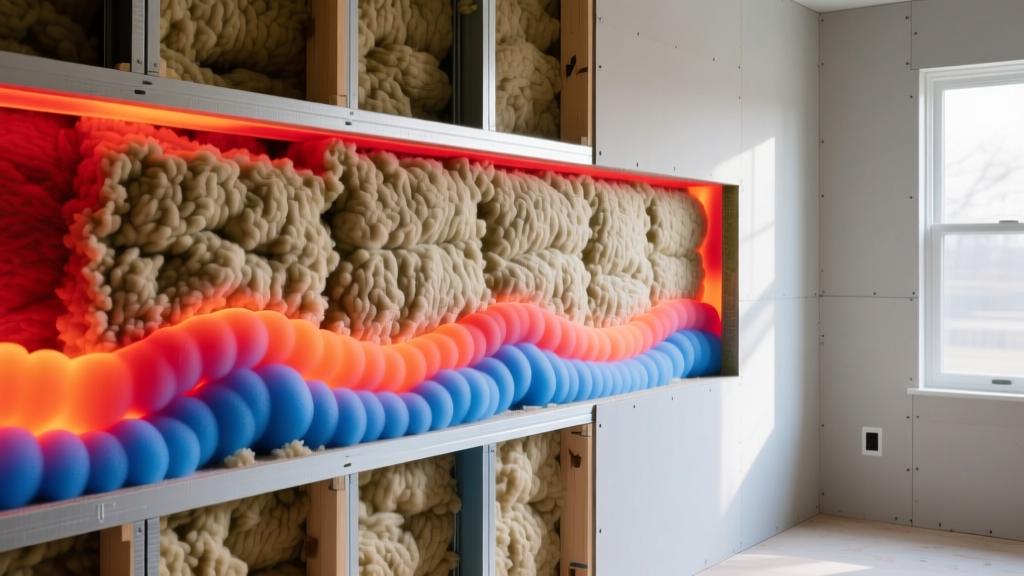 Cross-section of a modern wall cavity showing dense-pack cellulose and closed-cell spray foam layers with a thermal camera overlay