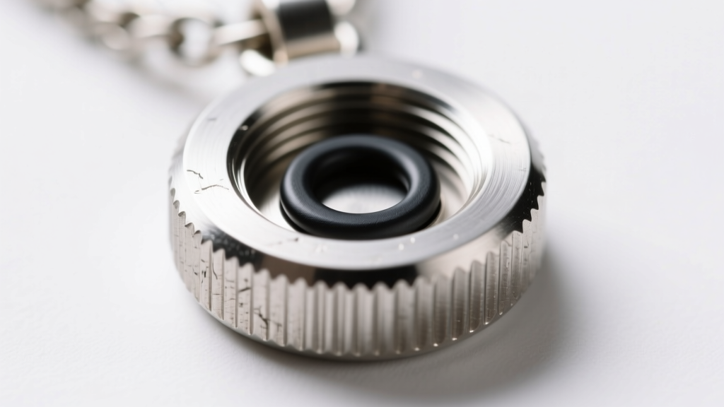 Macro shot of a threaded stainless steel cremation pendant screw cap with a tiny rubber O-ring seal on a clean white background.