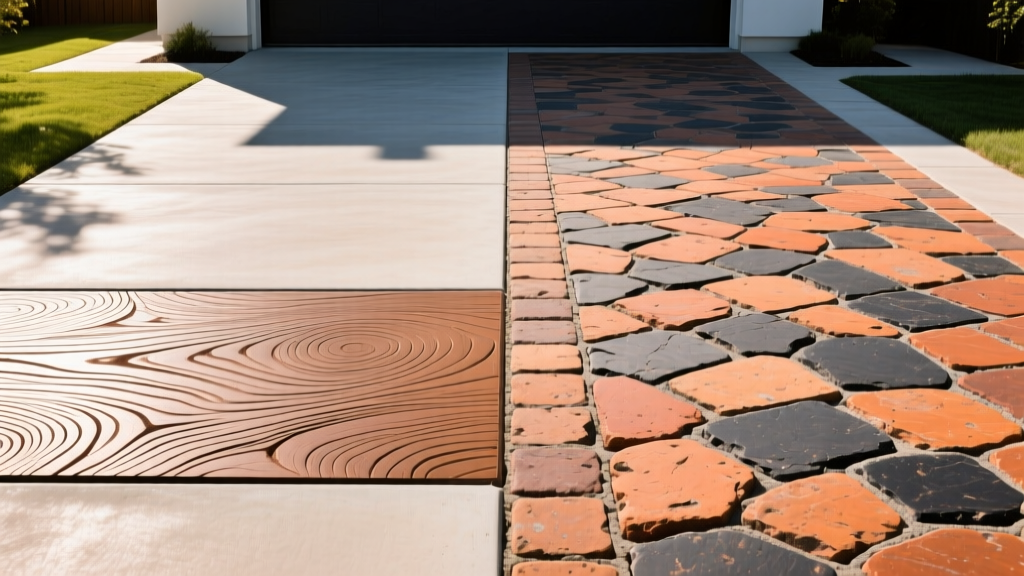 Split-view driveway showing smooth stamped concrete on the left and interlocking cobblestone pavers on the right under bright sunlight