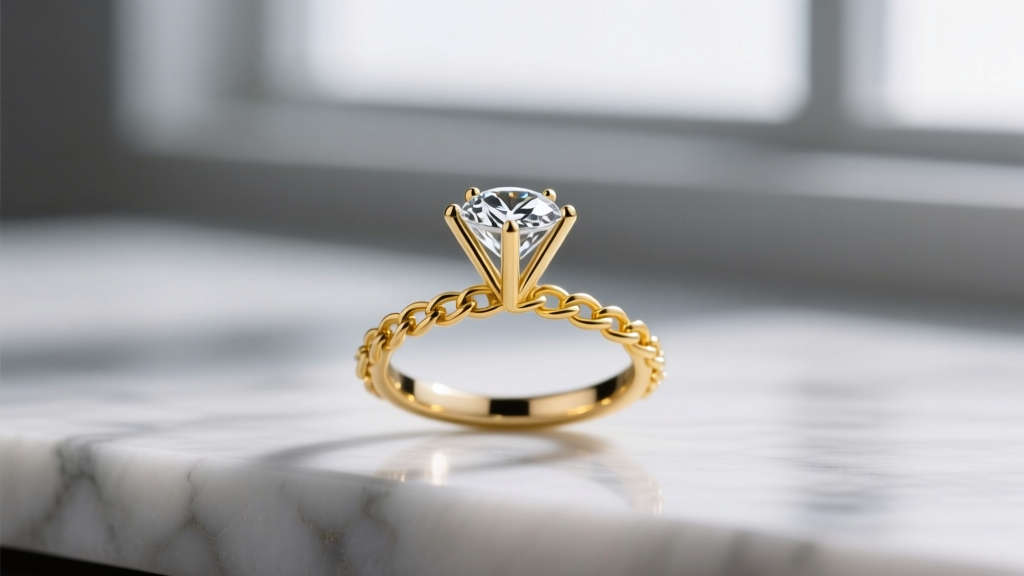 Side view of a three-prong martini setting holding a one carat diamond, showing the basket depth and delicate yellow gold chain.