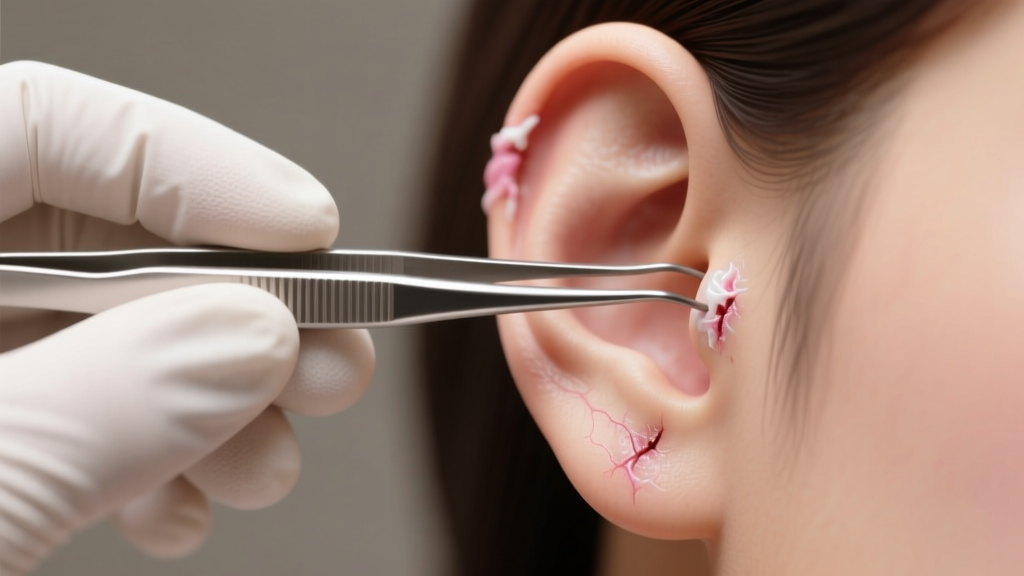 Close-up of gloved hands holding sterilized steel tweezers near a healed earlobe, soft studio lighting, macro photography style.