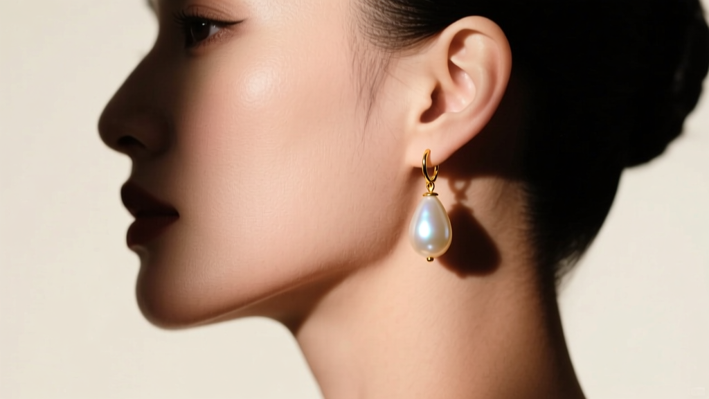 Side profile of a woman wearing a teardrop glass pearl earring on a gold hook, lit by soft directional chiaroscuro lighting.