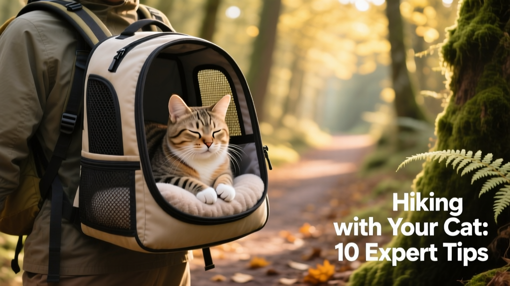 A cat resting comfortably inside a ventilated, padded backpack carrier on a shaded forest path