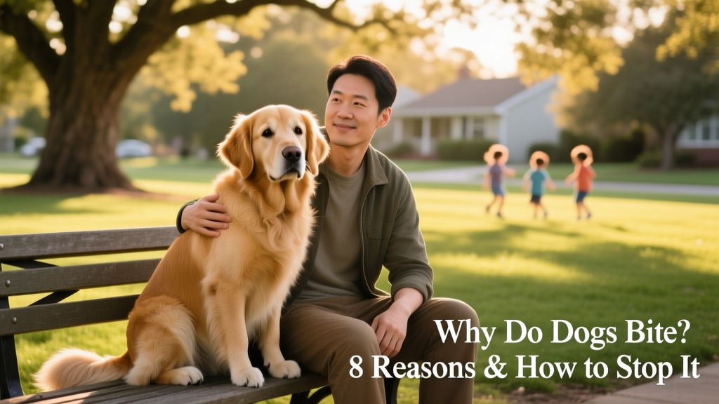 A calm, confident dog sitting beside its owner in a quiet park setting, illustrating safety and trust