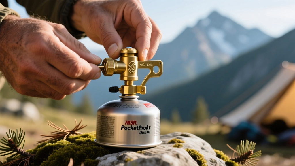 Close-up of hands adjusting the brass control valve on an MSR PocketRocket Deluxe stove attached to a small isobutane canister at a campsite