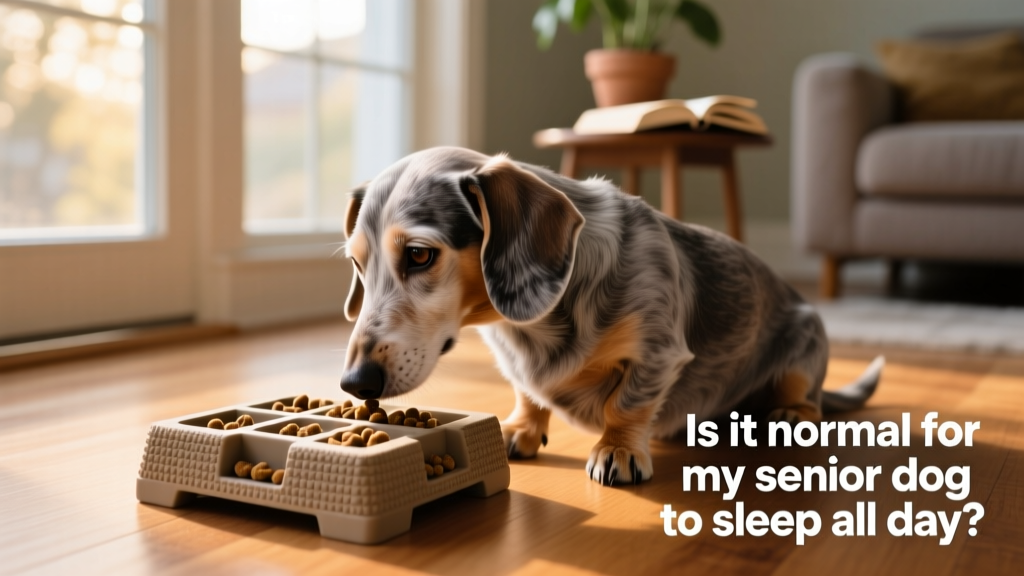 Senior dachshund sniffing intently at a multi-compartment puzzle toy filled with kibble, set on a hardwood floor near a window