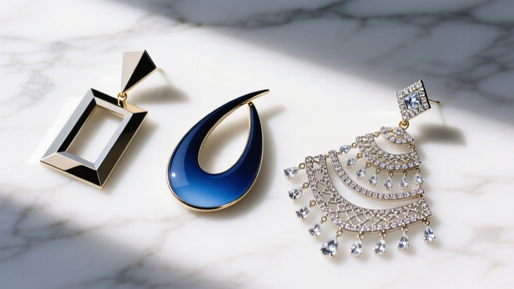 Top-down view of three long earring styles on marble: a geometric rectangle drop, a curved teardrop, and a wide chandelier design