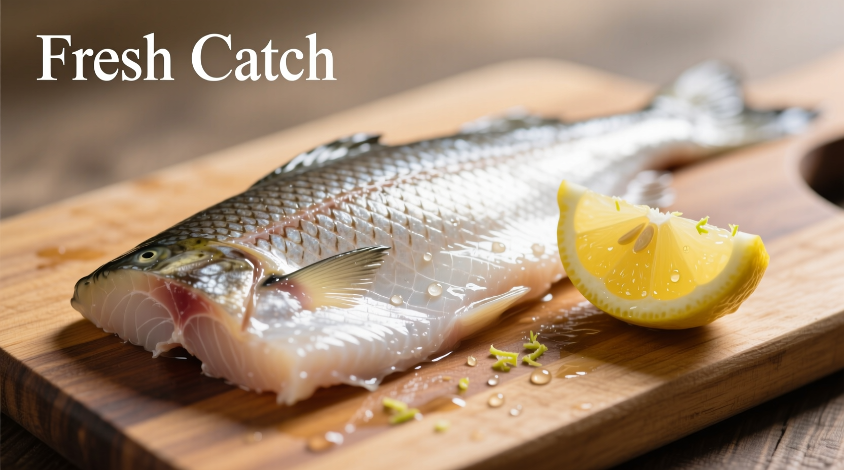 Fresh cod fillet on cutting board with lemon