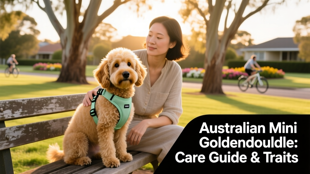 A well-groomed Australian Mini Goldendoodle wearing a lightweight harness, sitting attentively beside its owner on a park bench during a training session