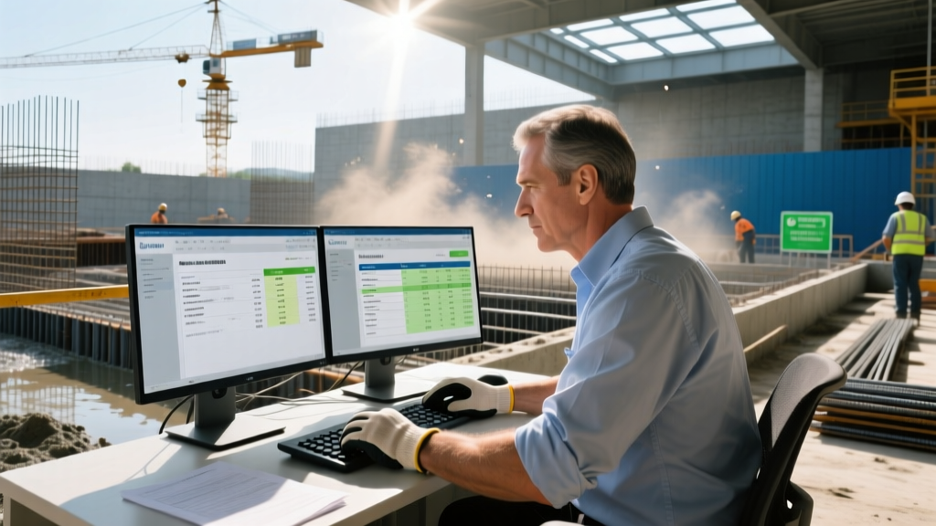 Structural engineer reviewing digital procurement invoices and rebar mill certificates on a dual-monitor setup at a concrete foundation construction site