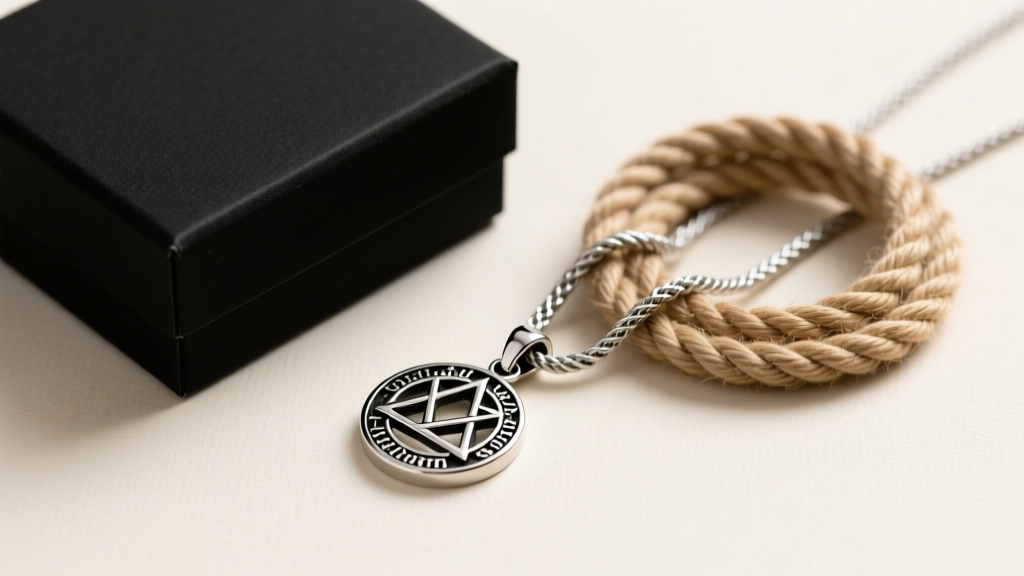 Flat lay of box, rope, and cable chains beside a 30mm silver Deathly Hallows pendant, showing metal thickness in natural light.