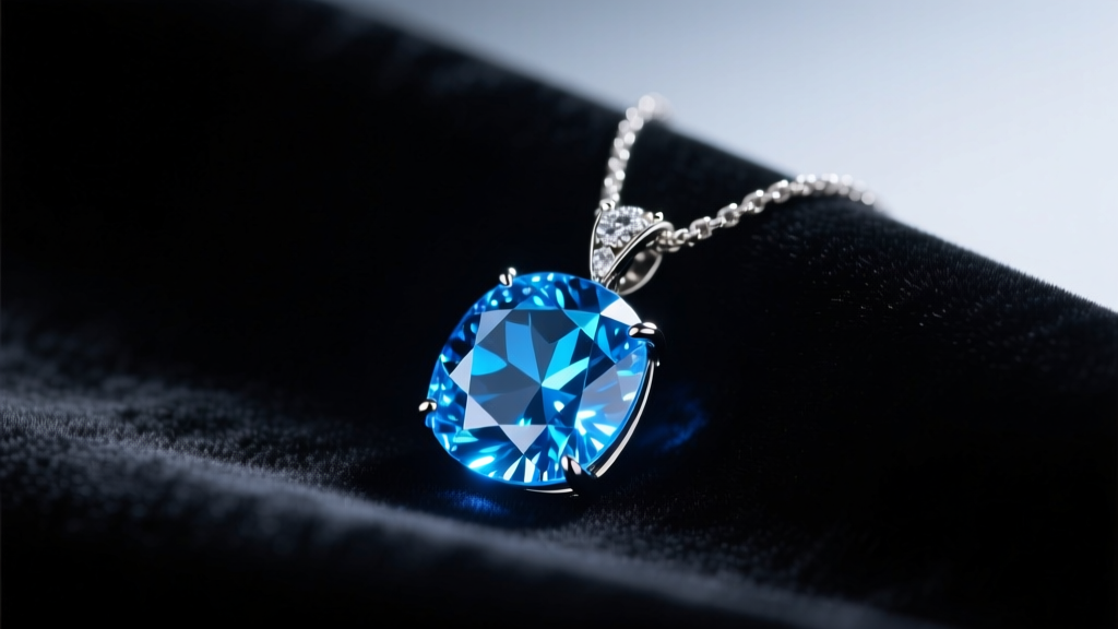 Close-up of a glowing blue diamond pendant necklace resting on dark velvet cloth, illuminated by a soft cool-toned LED light.