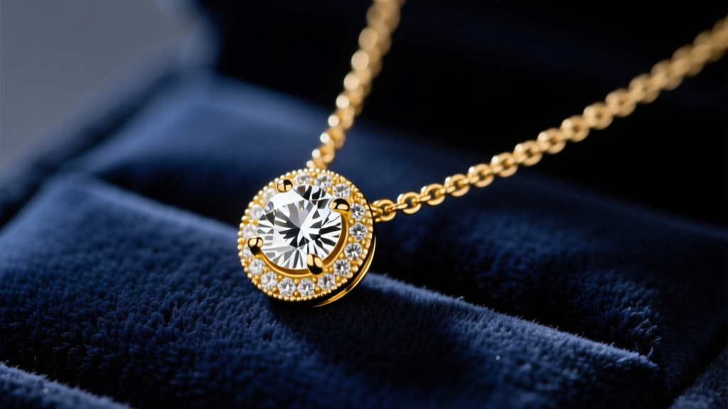 Close-up of an 18k yellow gold solitaire diamond pendant necklace on dark velvet, highlighting the bezel setting and chain links