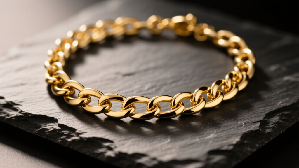 Close-up of an 18k gold plated brass chain necklace resting on dark slate, illuminated by soft, warm directional studio lighting.