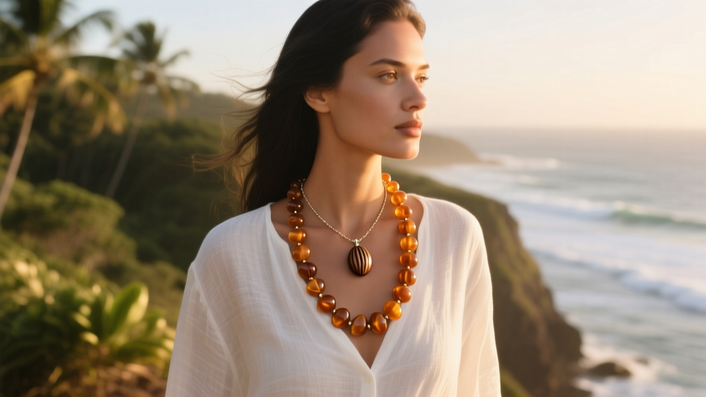 Woman wearing an 18-inch wiliwili seed necklace and a kukui pendant over a white linen shirt in warm natural outdoor sunlight.