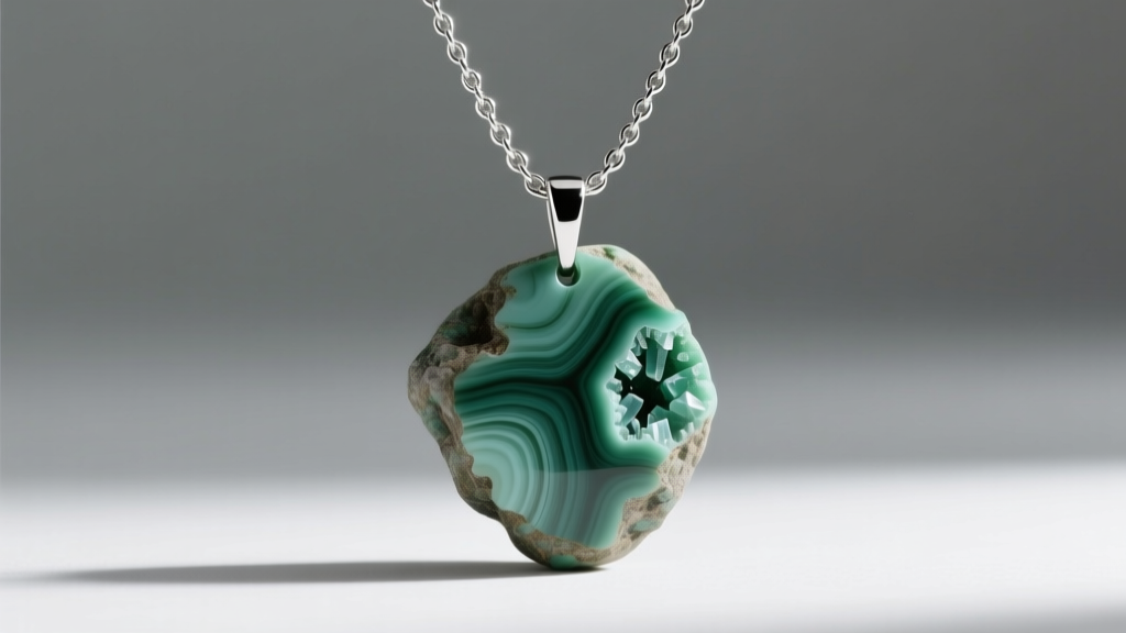 Silver chain holding an unpolished malachite pendant showing the dull textured green surface and natural inclusions in soft daylight