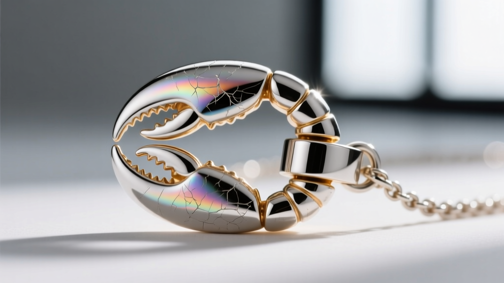 Macro shot of a Brighton necklace lobster clasp showing the smooth protective e-coating finish over the silver-plated brass metal