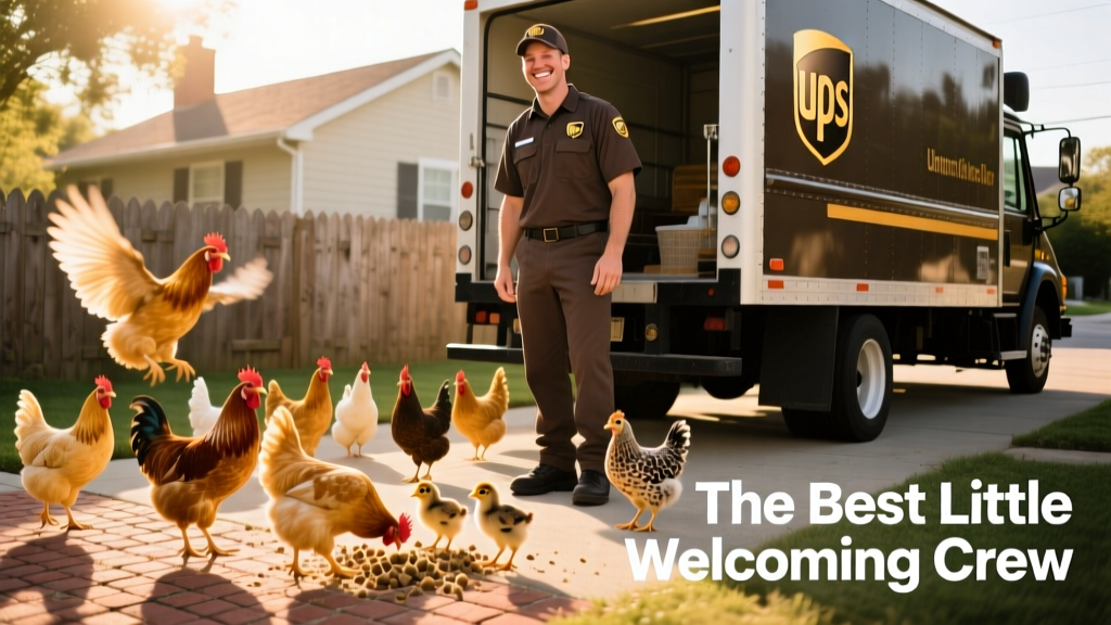 A cheerful UPS driver standing near his truck as a small flock of chickens gathers around him in a sunny driveway
