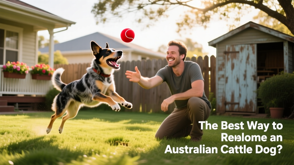 Australian Cattle Dog playing fetch in a fenced backyard with a smiling adult