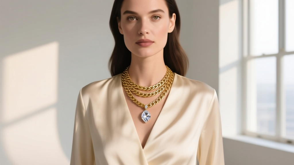 A stylish woman wearing a layered gold-tone Jones New York herringbone necklace and a crystal pendant against a cream silk blouse.