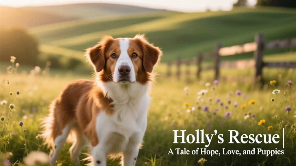 A gentle brown-and-white dog standing outdoors, looking directly at the camera with soft, trusting eyes