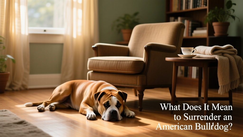 American Bulldog resting calmly in a quiet, sunlit living room