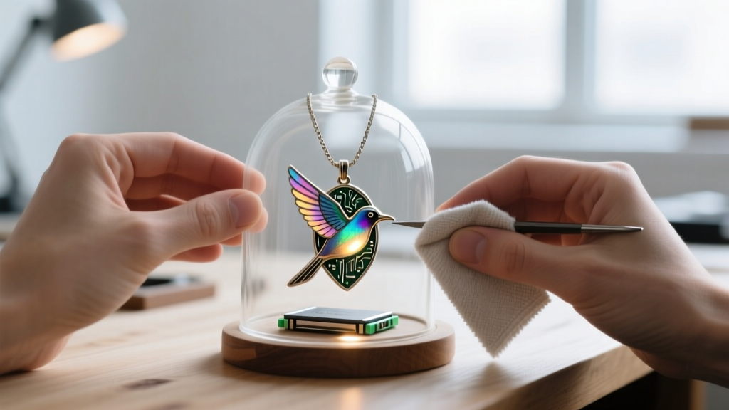Jeweler using a dry microfiber cloth to polish the glass dome of an electronic bird pendant, carefully avoiding the battery seam.