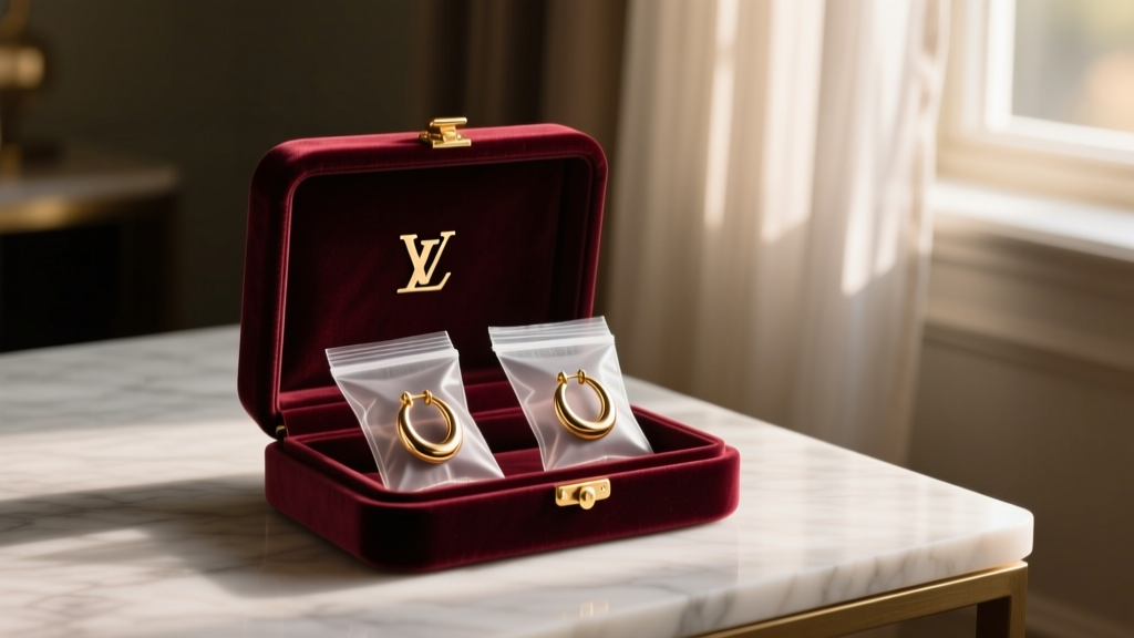 Velvet-lined jewelry box showing Louis Vuitton hoop earrings stored in anti-tarnish silica pouches in a dimly lit, elegant room.