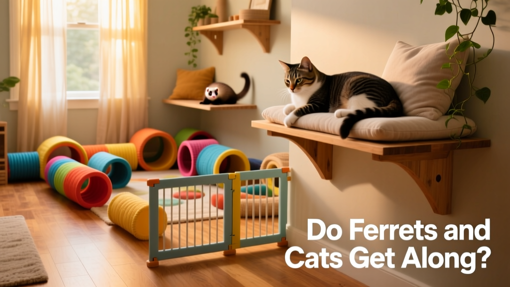 A cozy, multi-pet home setup showing clearly defined zones: a cat perch on a shelf and a ferret tunnel system on the floor, separated by a low baby gate