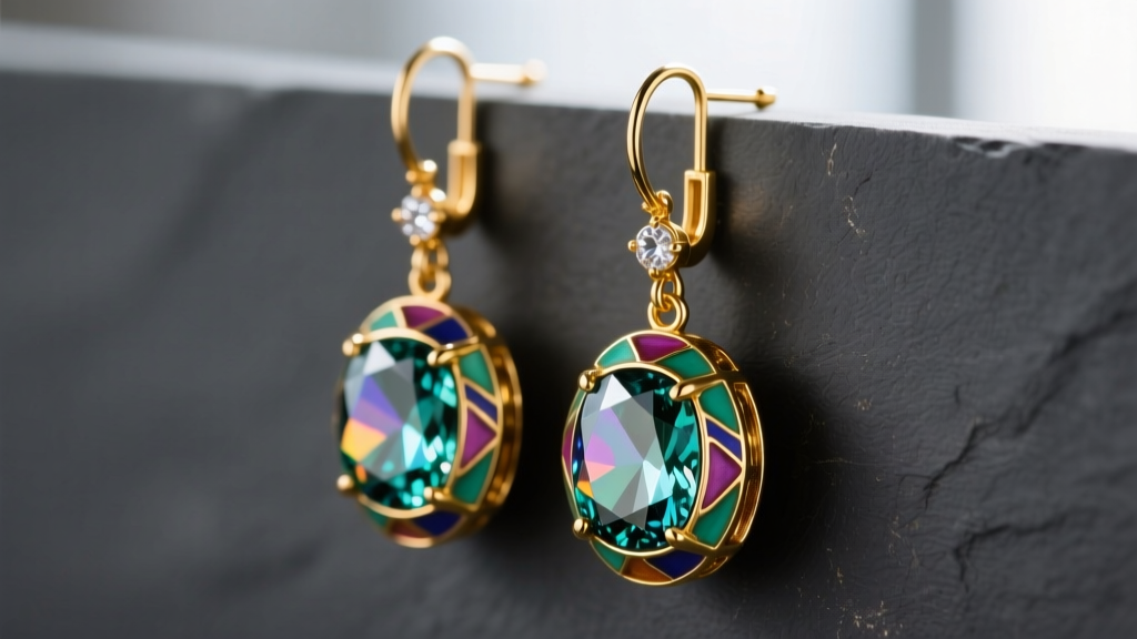 Macro shot of 18k gold colorful dangle earrings with vitreous enamel and faceted tourmaline briolettes on a dark slate background