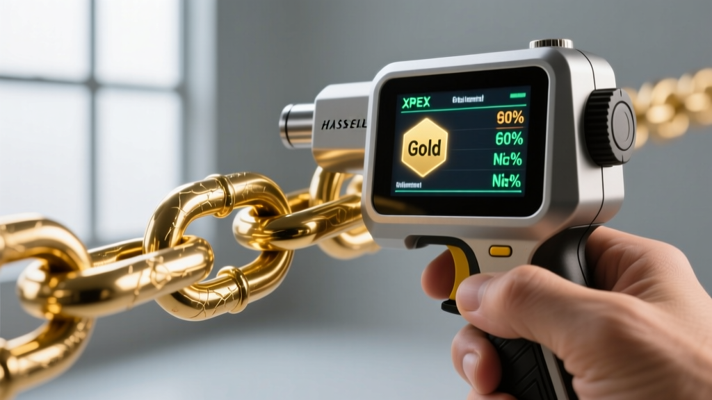 Handheld XRF metal analyzer gun scanning a gold-toned stainless steel chain link, displaying elemental data on a digital screen.